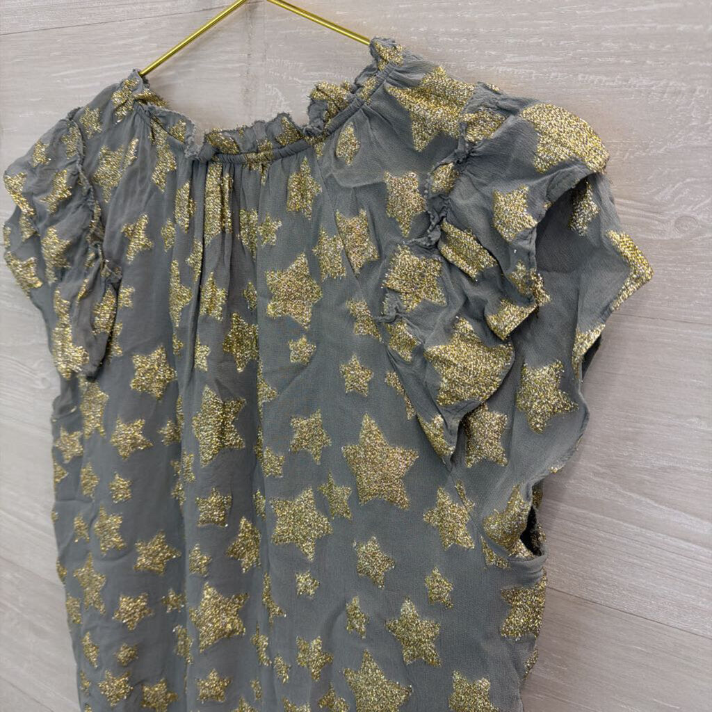 Loft Blue/ Metallic Gold Star Print Short Sleeve Top Large Petite
