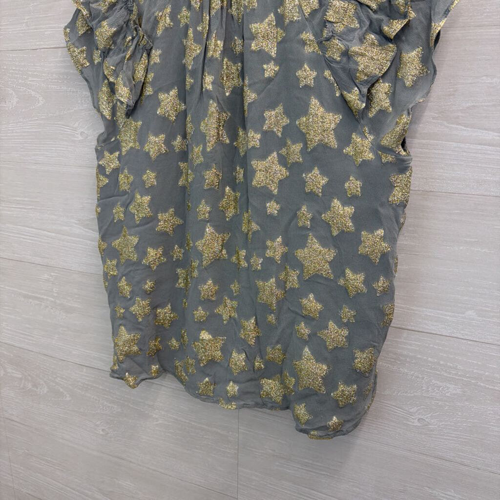 Loft Blue/ Metallic Gold Star Print Short Sleeve Top Large Petite
