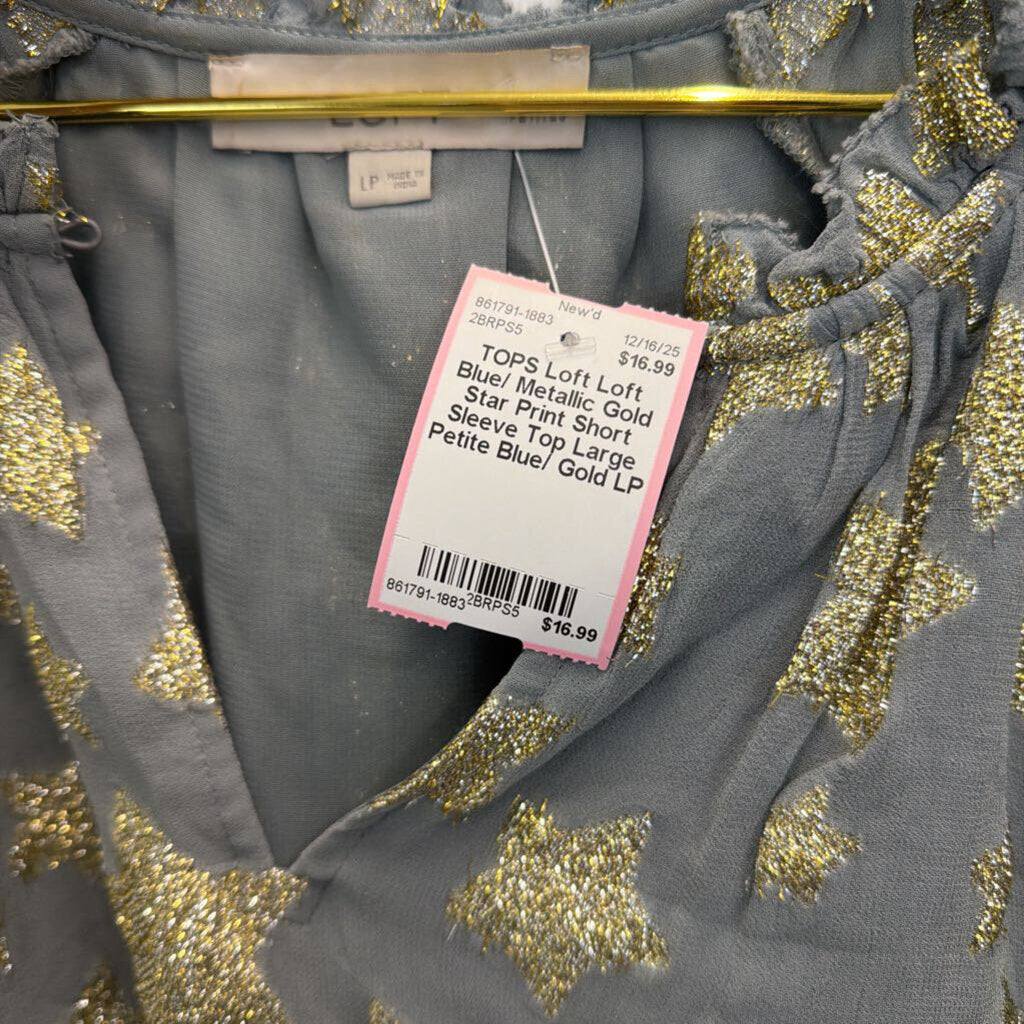 Loft Blue/ Metallic Gold Star Print Short Sleeve Top Large Petite