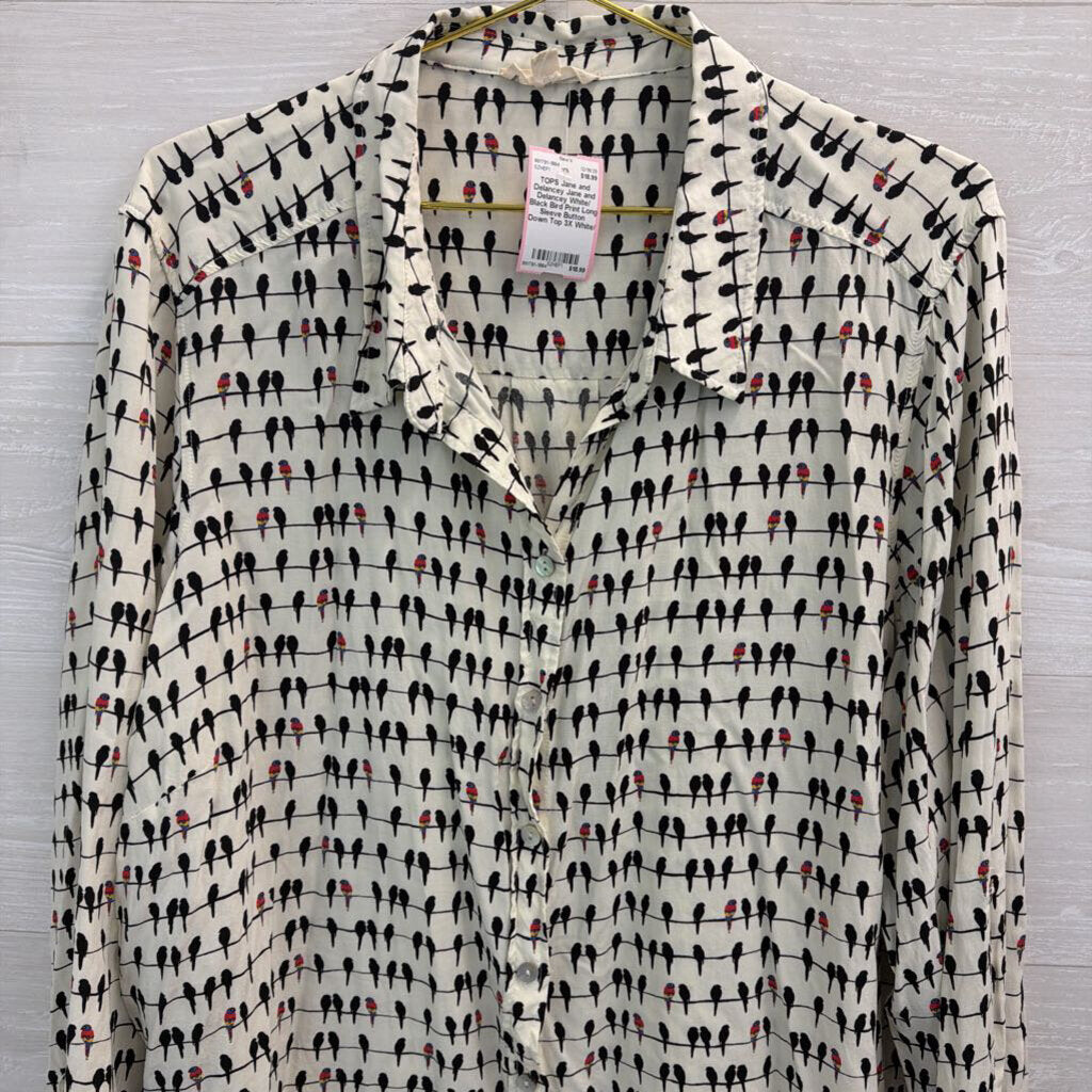 Jane and Delancey White/ Black Bird Print Long Sleeve Button Down Top 3X