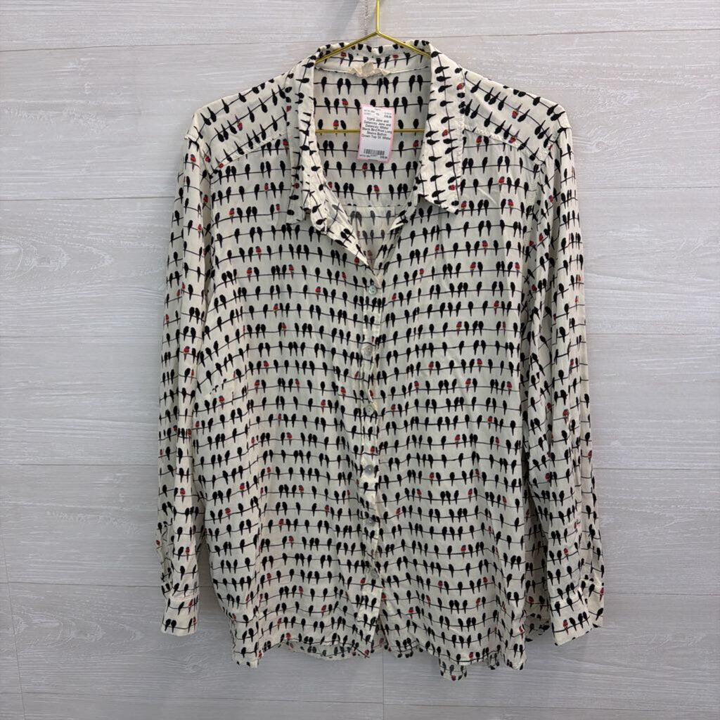 Jane and Delancey White/ Black Bird Print Long Sleeve Button Down Top 3X