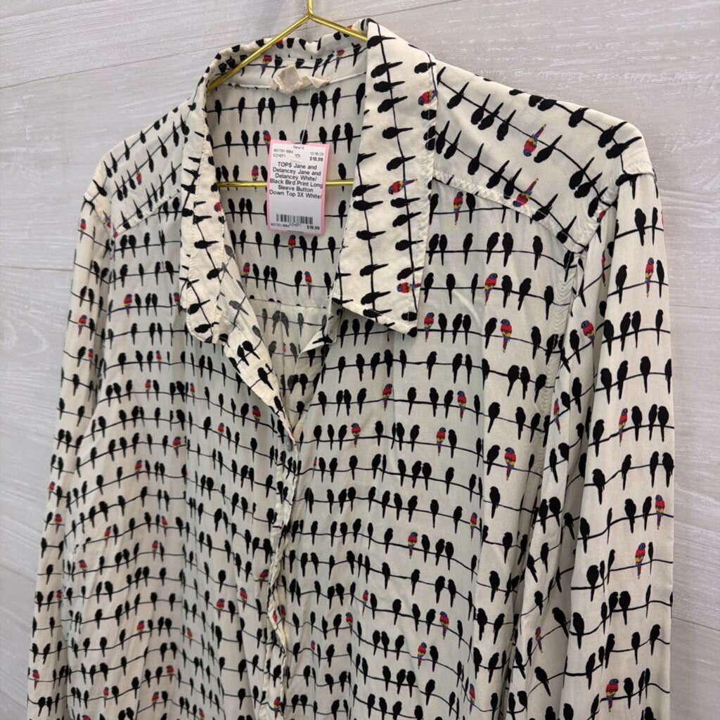 Jane and Delancey White/ Black Bird Print Long Sleeve Button Down Top 3X