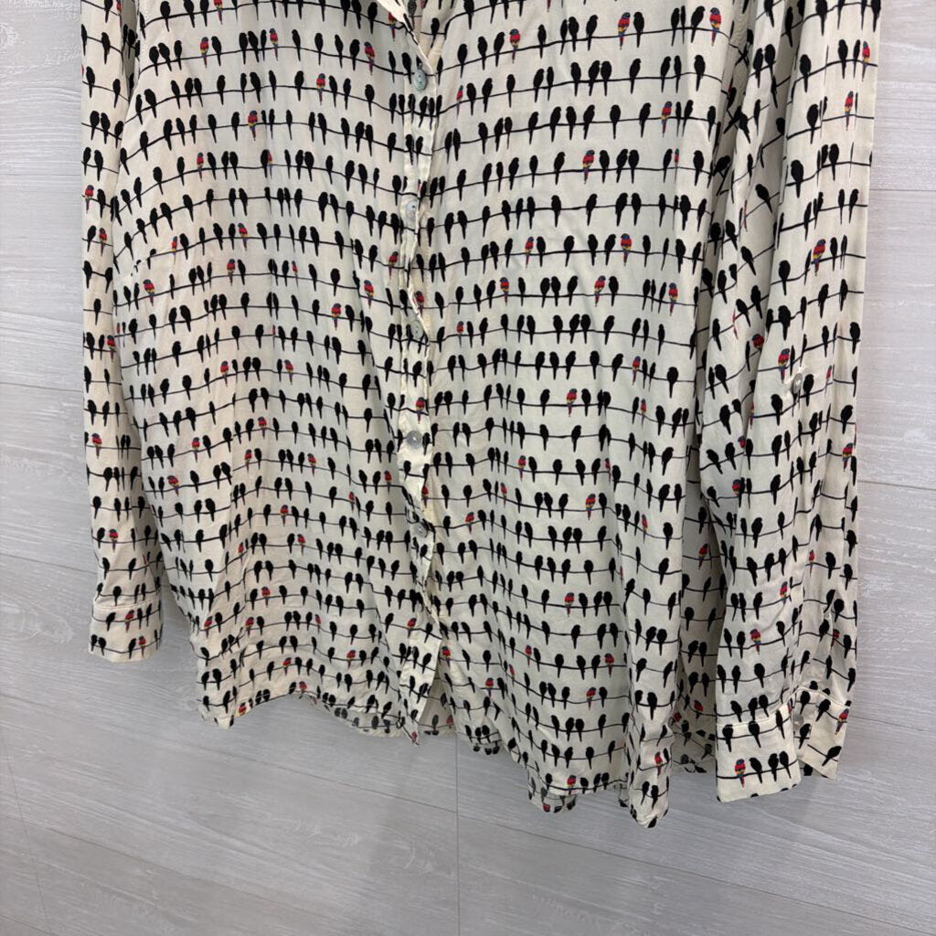 Jane and Delancey White/ Black Bird Print Long Sleeve Button Down Top 3X