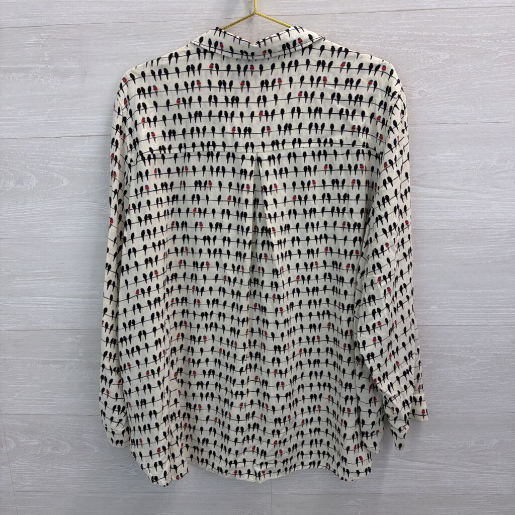 Jane and Delancey White/ Black Bird Print Long Sleeve Button Down Top 3X