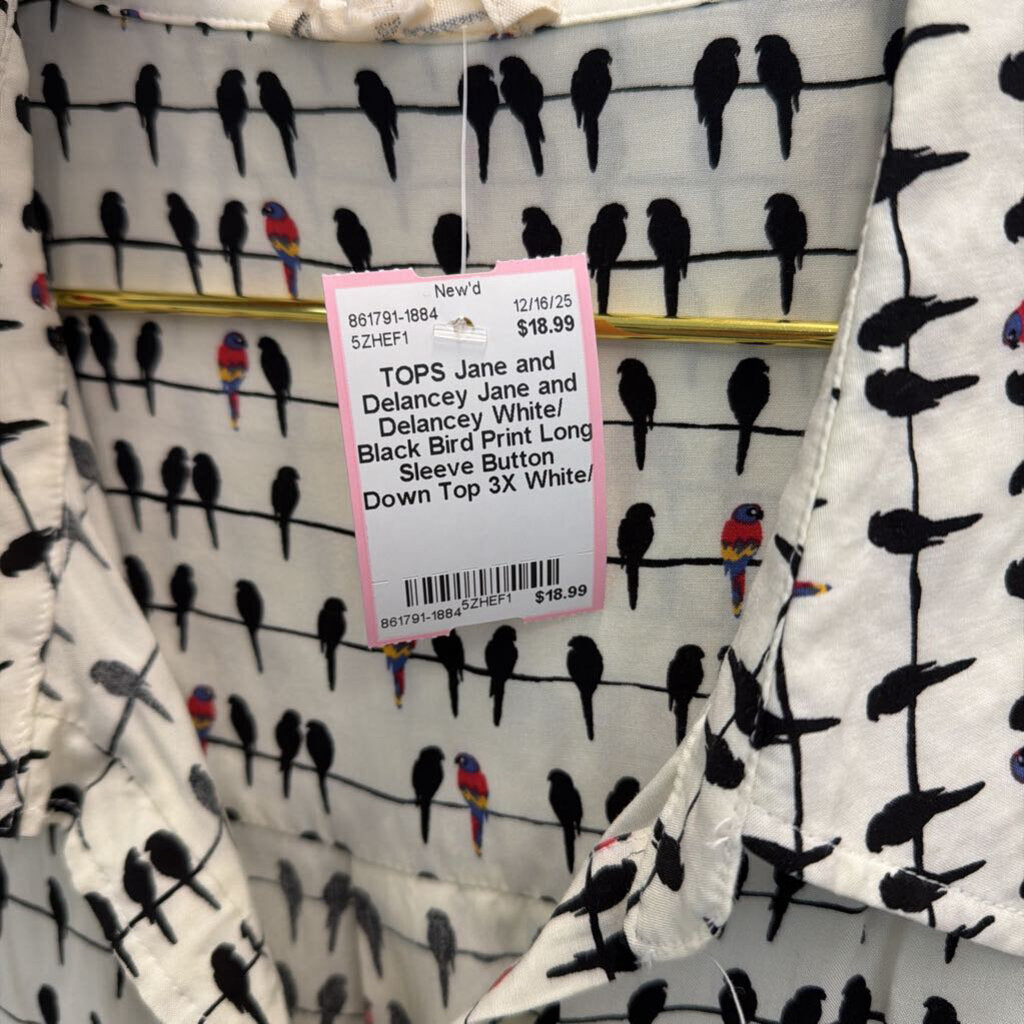 Jane and Delancey White/ Black Bird Print Long Sleeve Button Down Top 3X