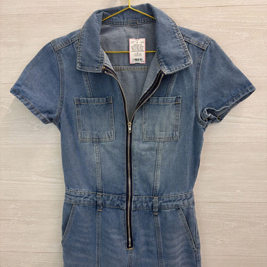 Light Wash Blue Denim Short Sleeve Zip Front Jumpsuit Small