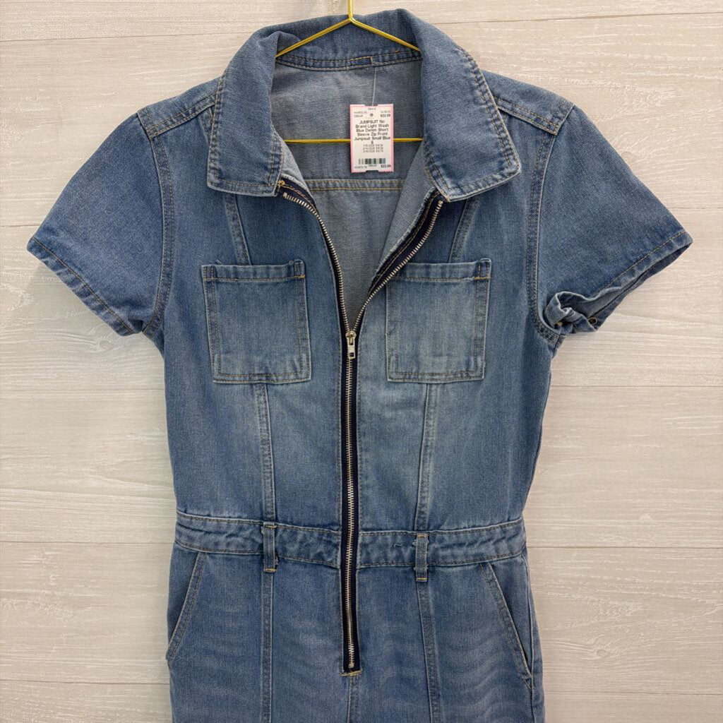Light Wash Blue Denim Short Sleeve Zip Front Jumpsuit Small