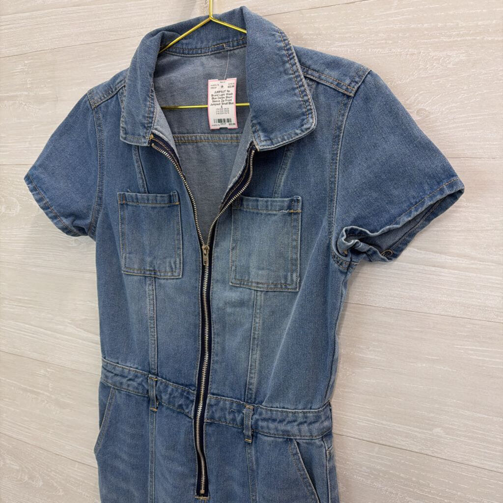 Light Wash Blue Denim Short Sleeve Zip Front Jumpsuit Small
