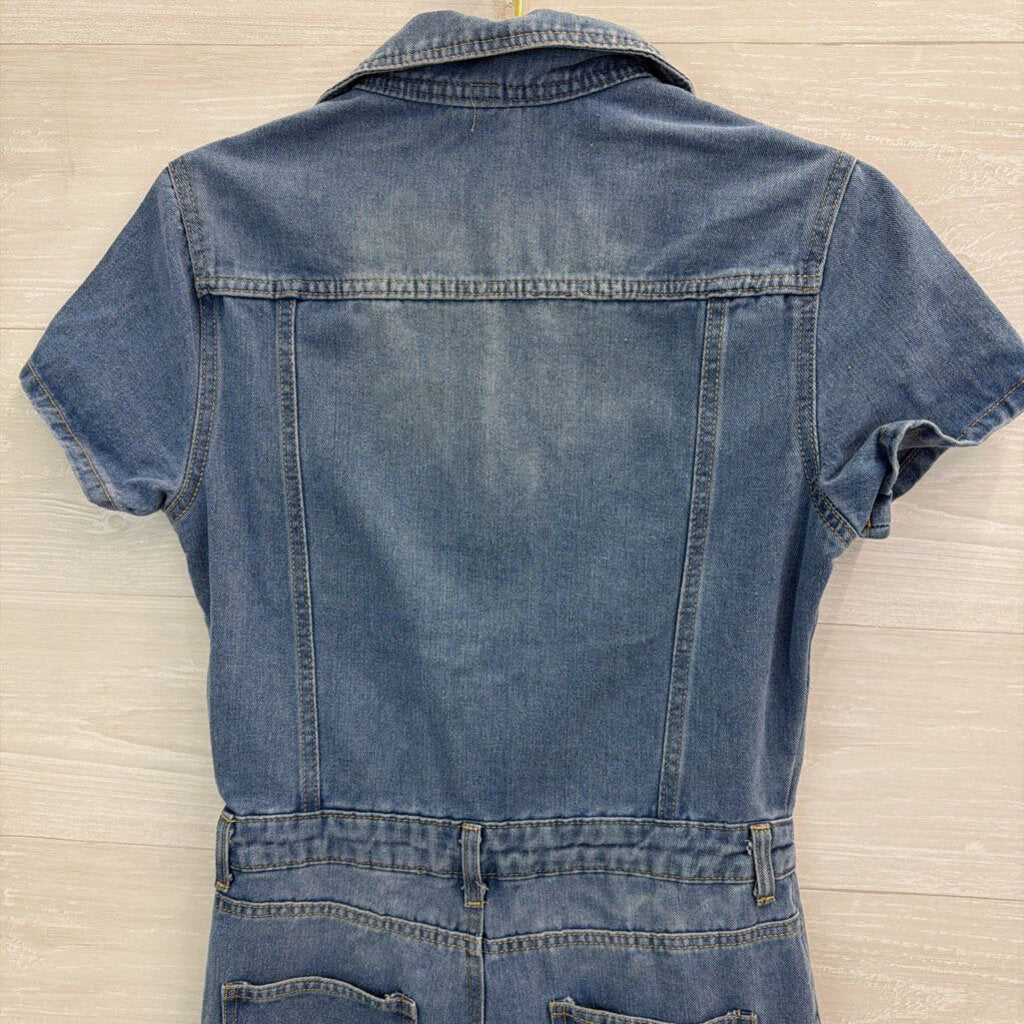 Light Wash Blue Denim Short Sleeve Zip Front Jumpsuit Small