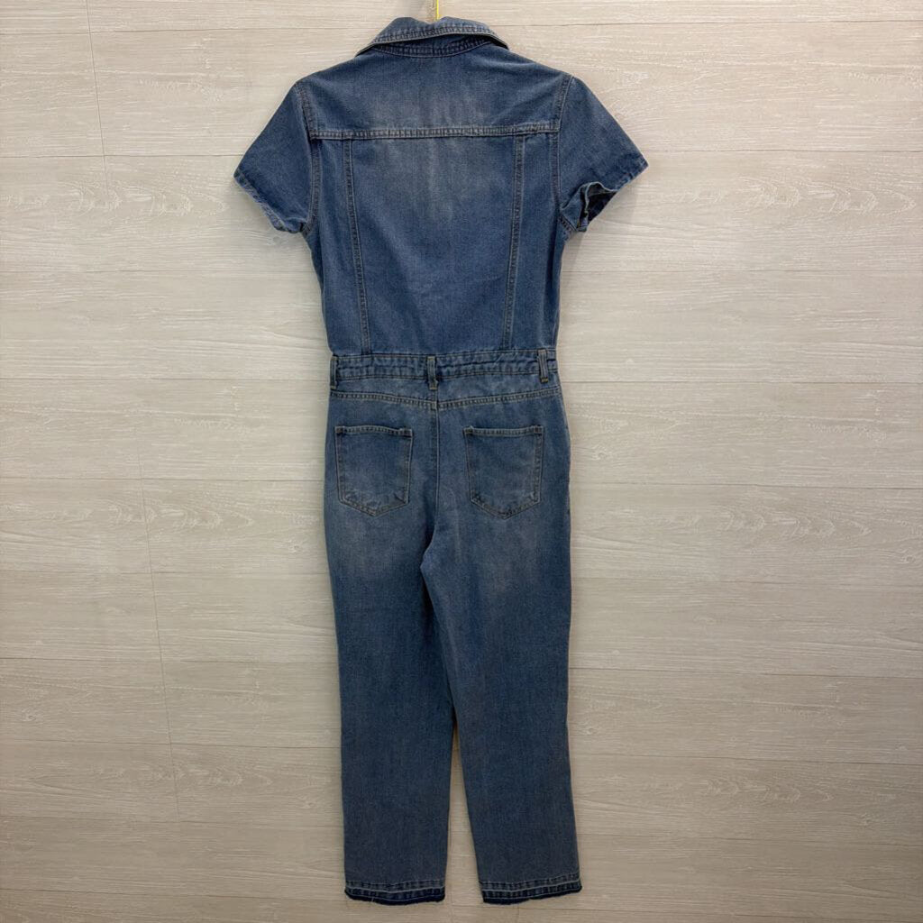 Light Wash Blue Denim Short Sleeve Zip Front Jumpsuit Small