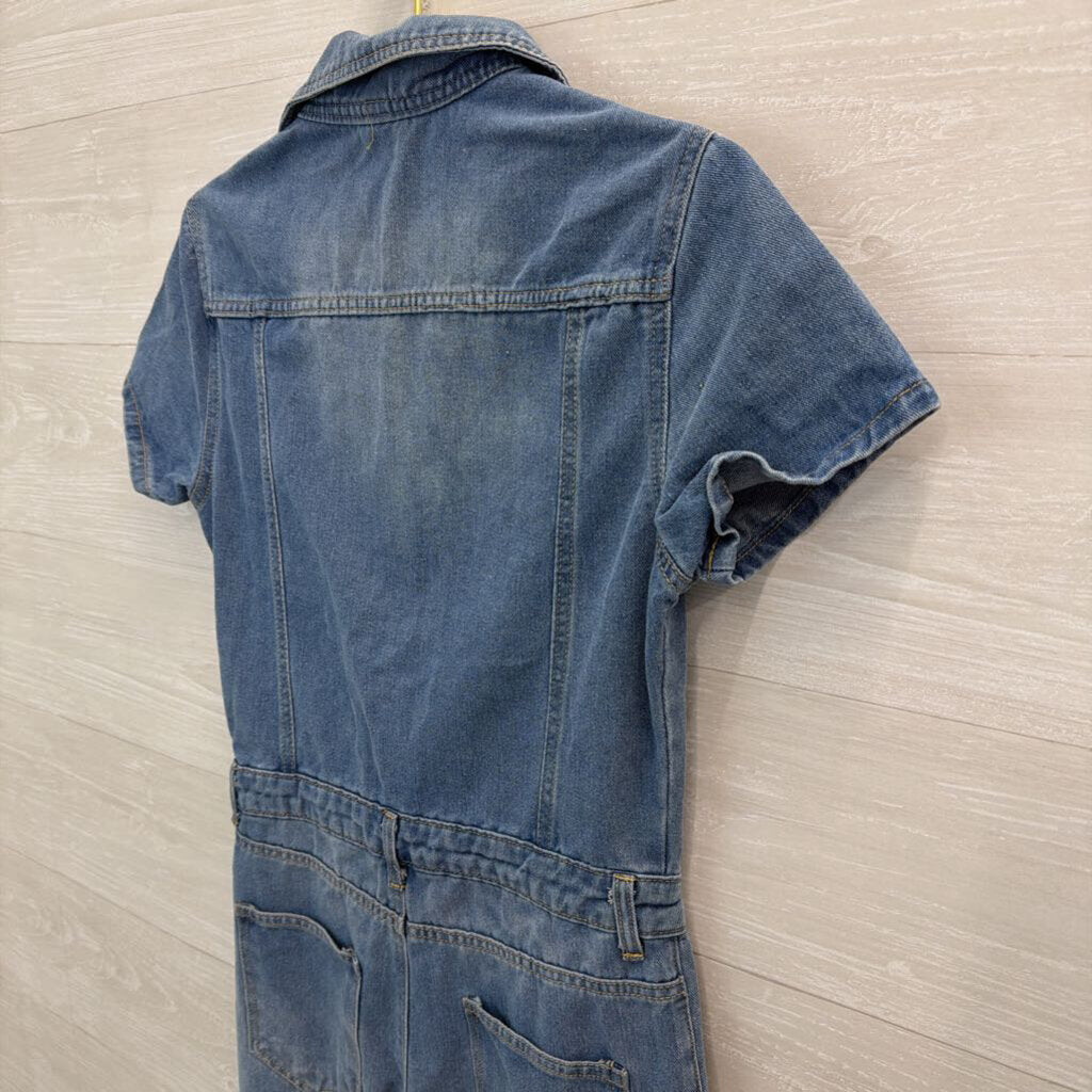 Light Wash Blue Denim Short Sleeve Zip Front Jumpsuit Small