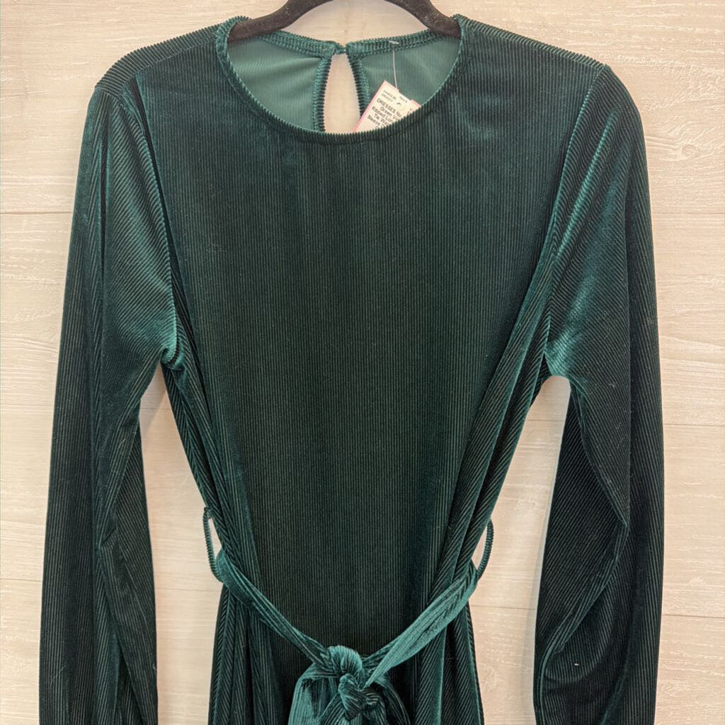 Green Velvet Ribbed Long Sleeve Tie Waist Long Sleeve Dress Small