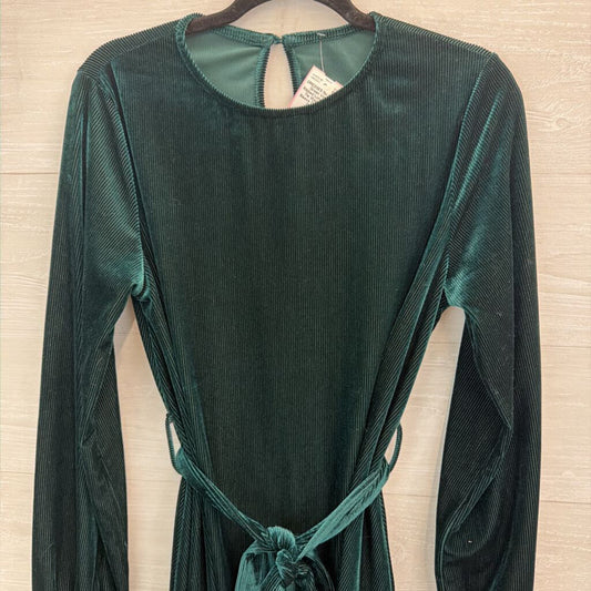 Green Velvet Ribbed Long Sleeve Tie Waist Long Sleeve Dress Small