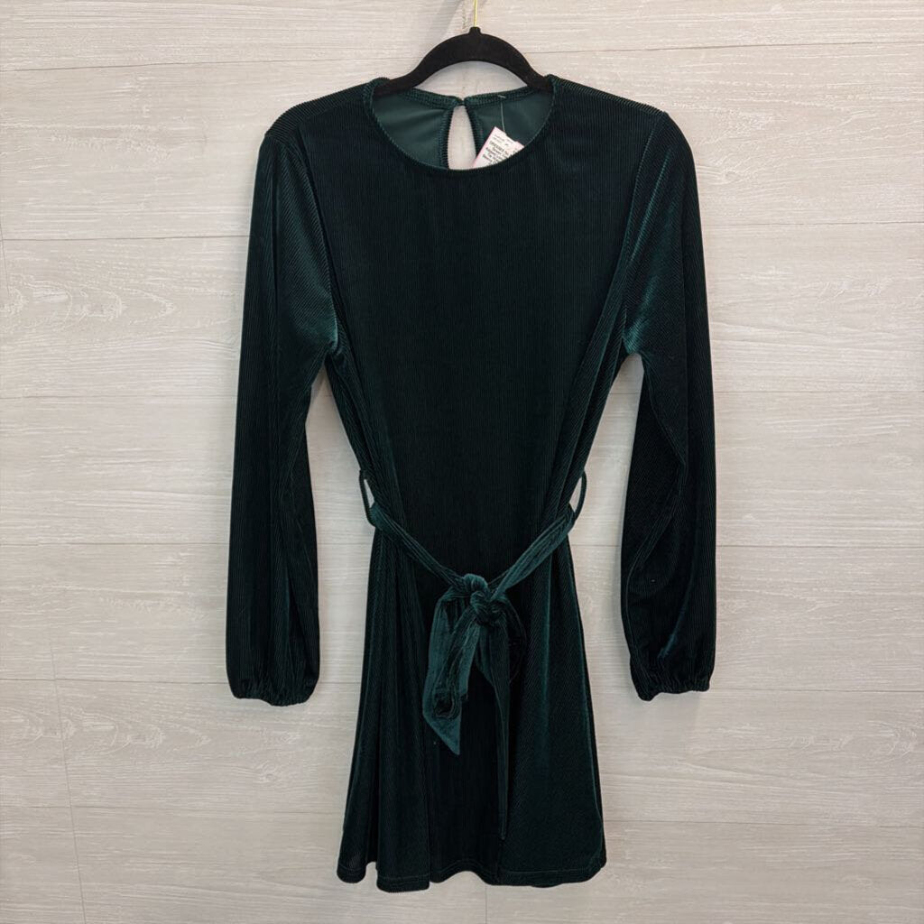 Green Velvet Ribbed Long Sleeve Tie Waist Long Sleeve Dress Small
