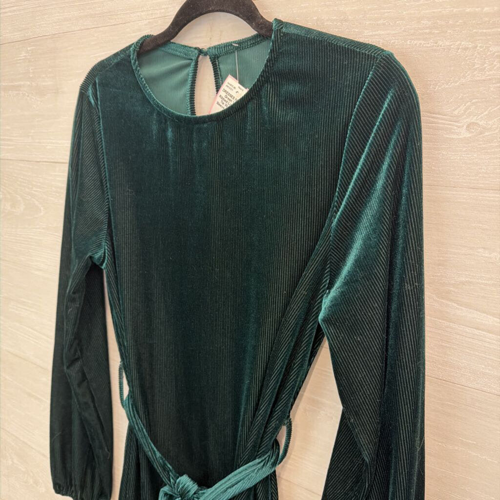 Green Velvet Ribbed Long Sleeve Tie Waist Long Sleeve Dress Small