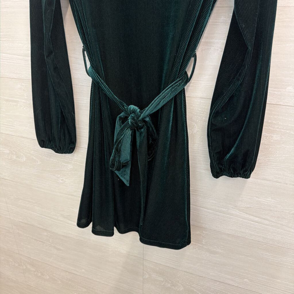 Green Velvet Ribbed Long Sleeve Tie Waist Long Sleeve Dress Small