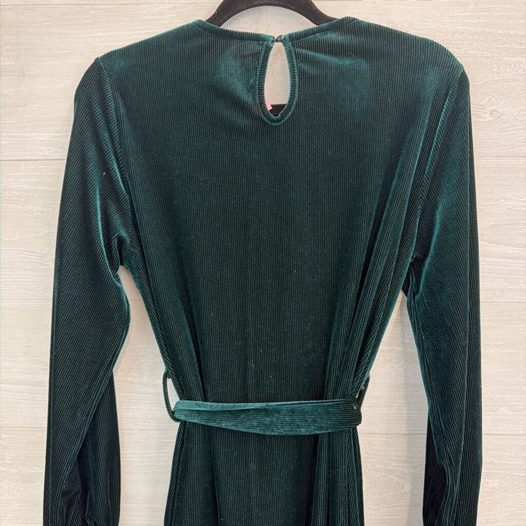 Green Velvet Ribbed Long Sleeve Tie Waist Long Sleeve Dress Small