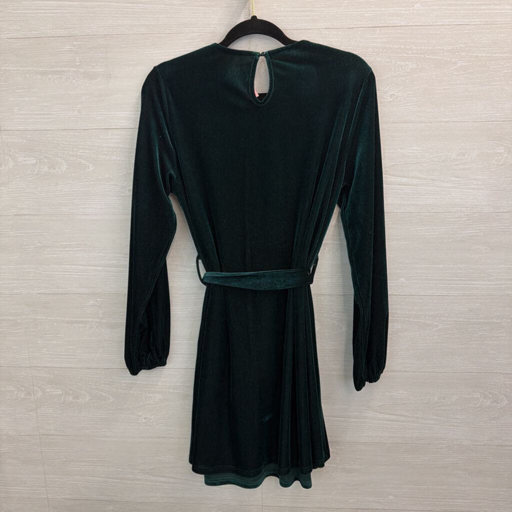 Green Velvet Ribbed Long Sleeve Tie Waist Long Sleeve Dress Small
