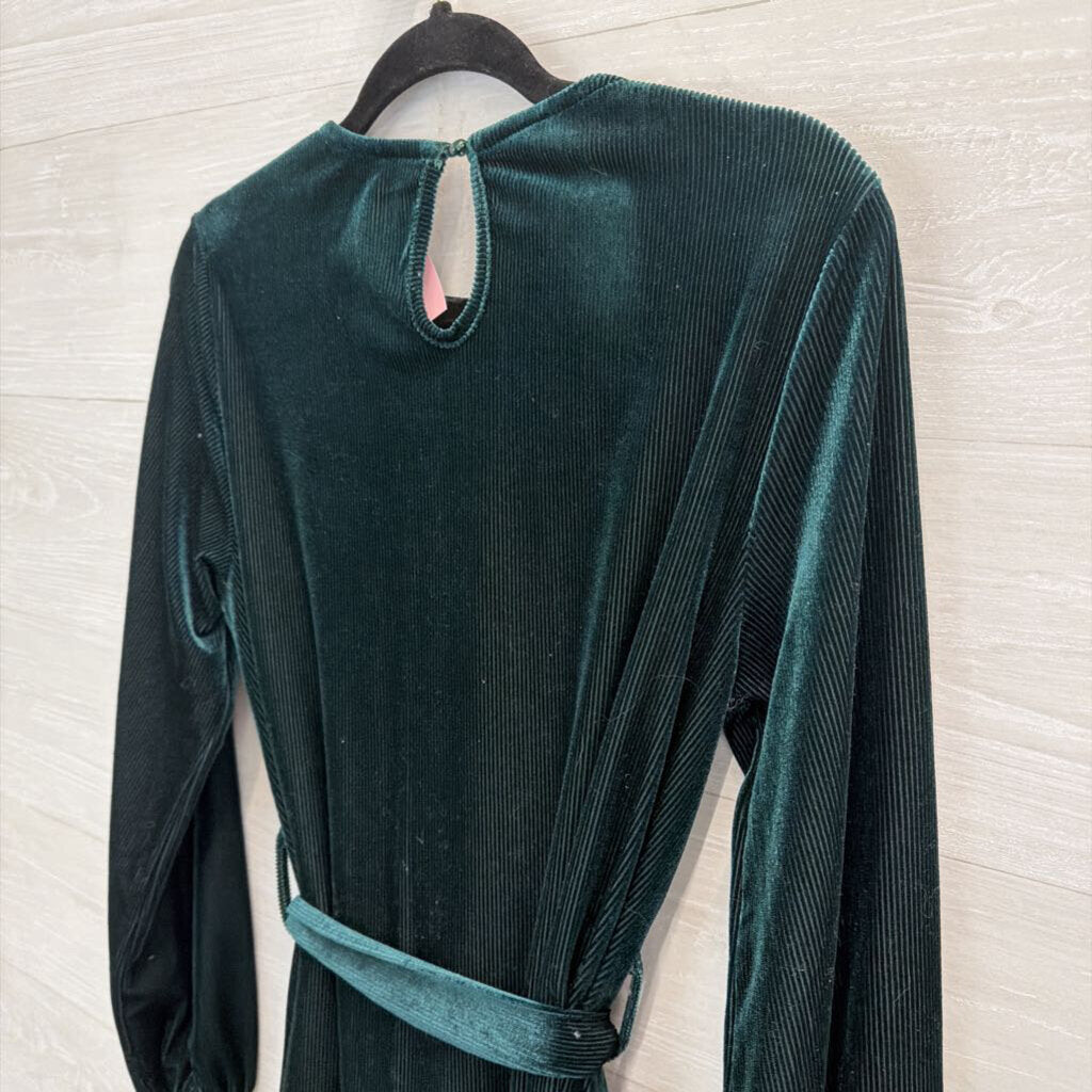 Green Velvet Ribbed Long Sleeve Tie Waist Long Sleeve Dress Small