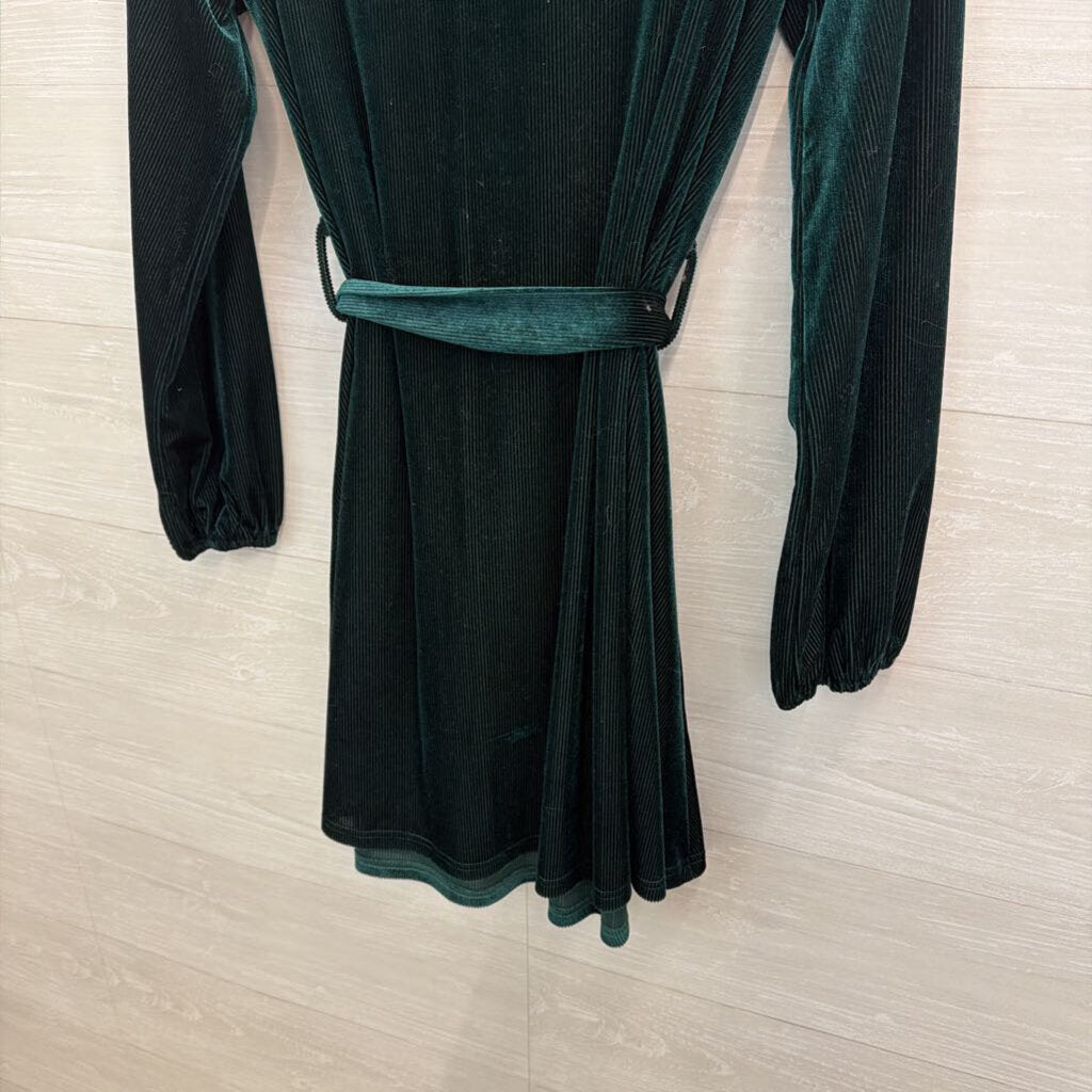Green Velvet Ribbed Long Sleeve Tie Waist Long Sleeve Dress Small
