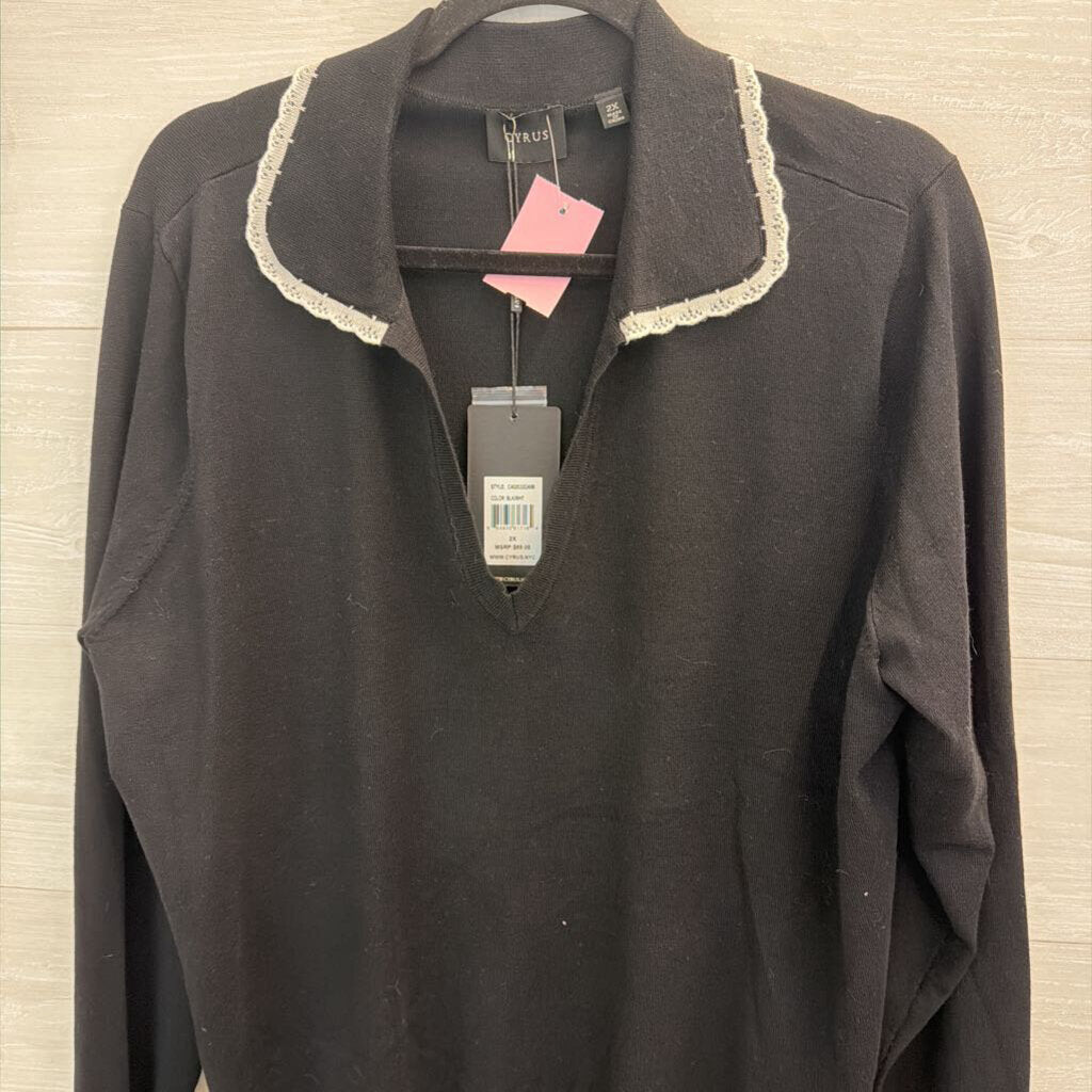 Cyrus Black Knit White Trim Collar Long Sleeve Top 2X