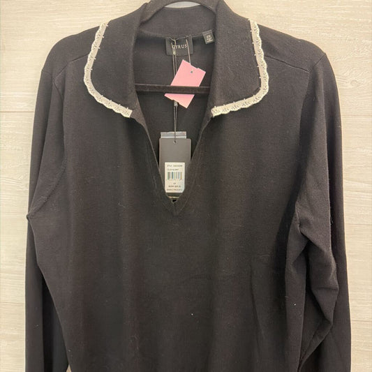 Cyrus Black Knit White Trim Collar Long Sleeve Top 2X