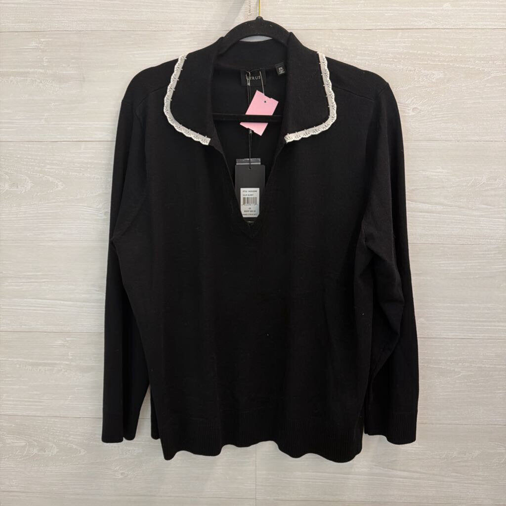 Cyrus Black Knit White Trim Collar Long Sleeve Top 2X