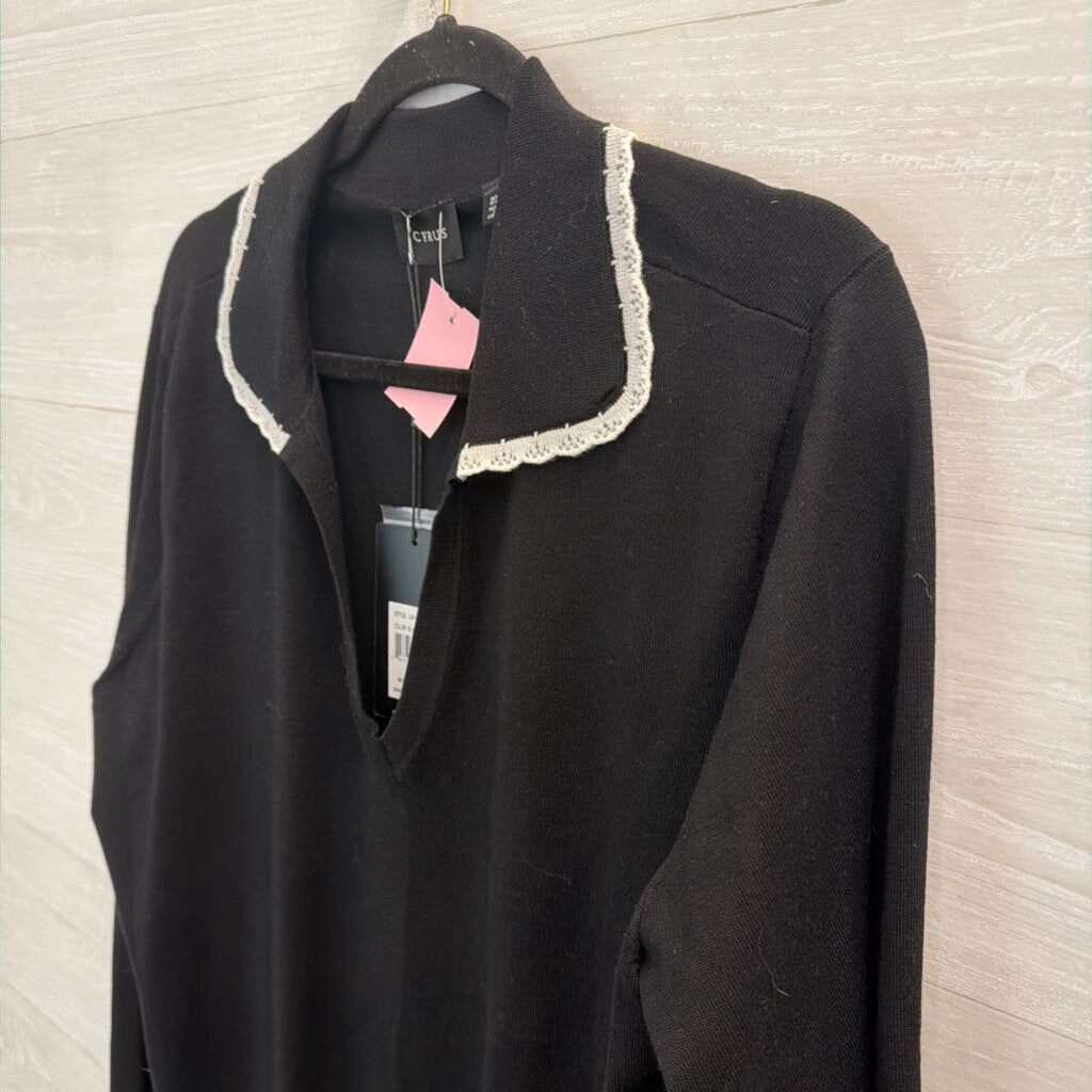 Cyrus Black Knit White Trim Collar Long Sleeve Top 2X