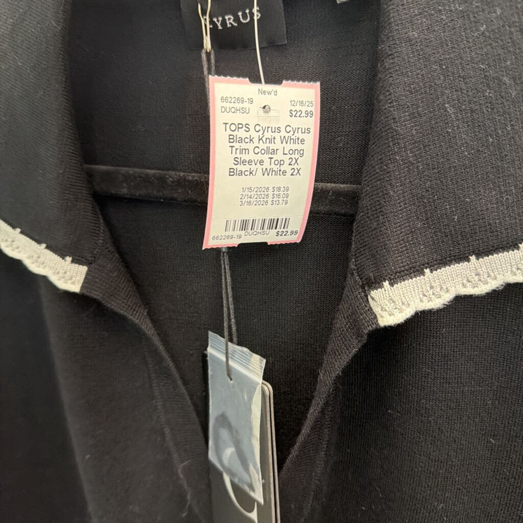Cyrus Black Knit White Trim Collar Long Sleeve Top 2X