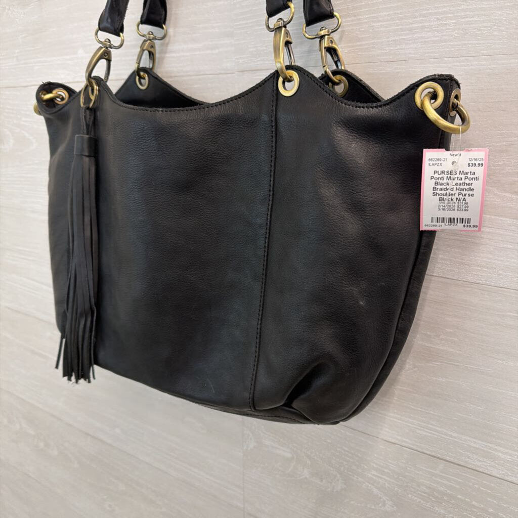 Marta Ponti Black Leather Braided Handle Shoulder Purse