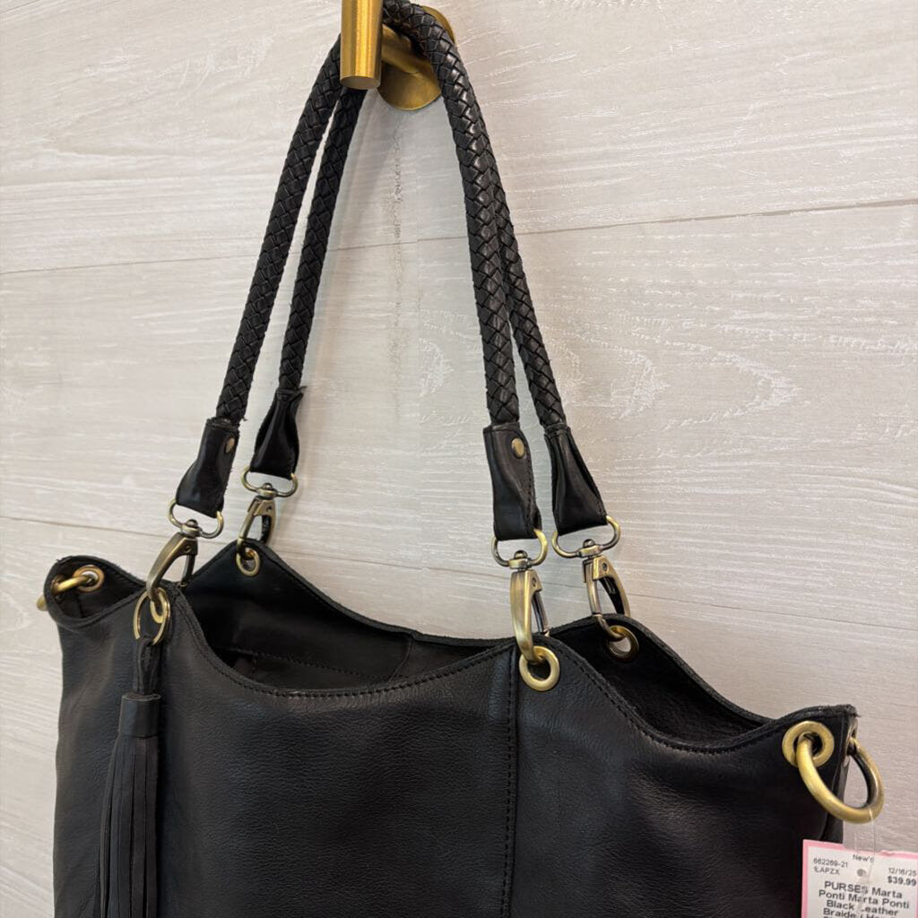 Marta Ponti Black Leather Braided Handle Shoulder Purse