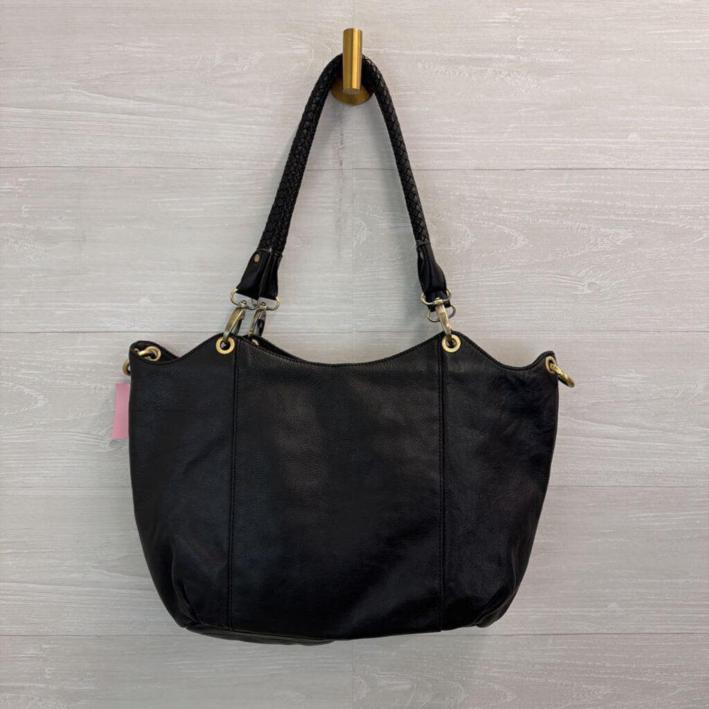 Marta Ponti Black Leather Braided Handle Shoulder Purse