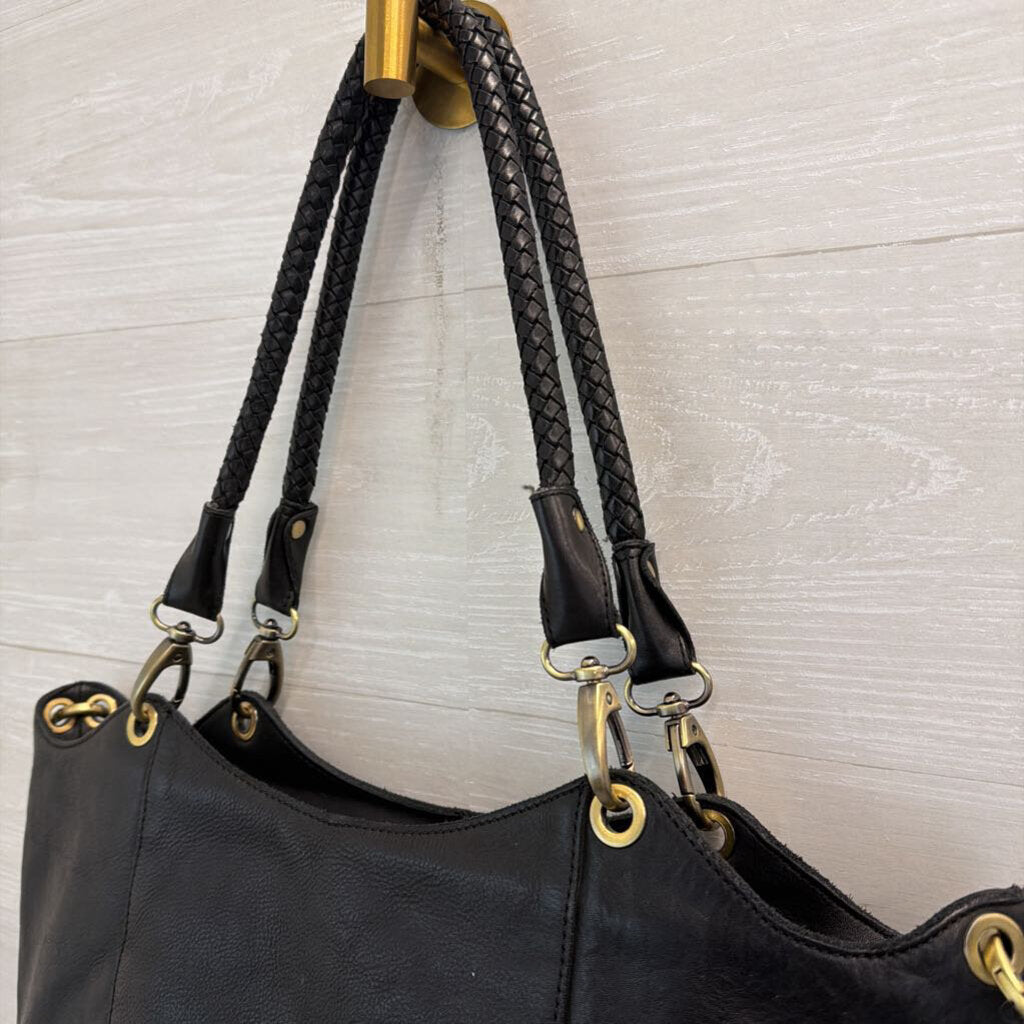 Marta Ponti Black Leather Braided Handle Shoulder Purse