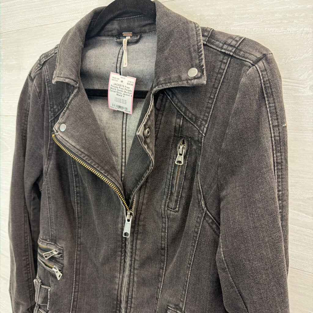 Free People Black Denim Bucket Detail Moto Jacket 4