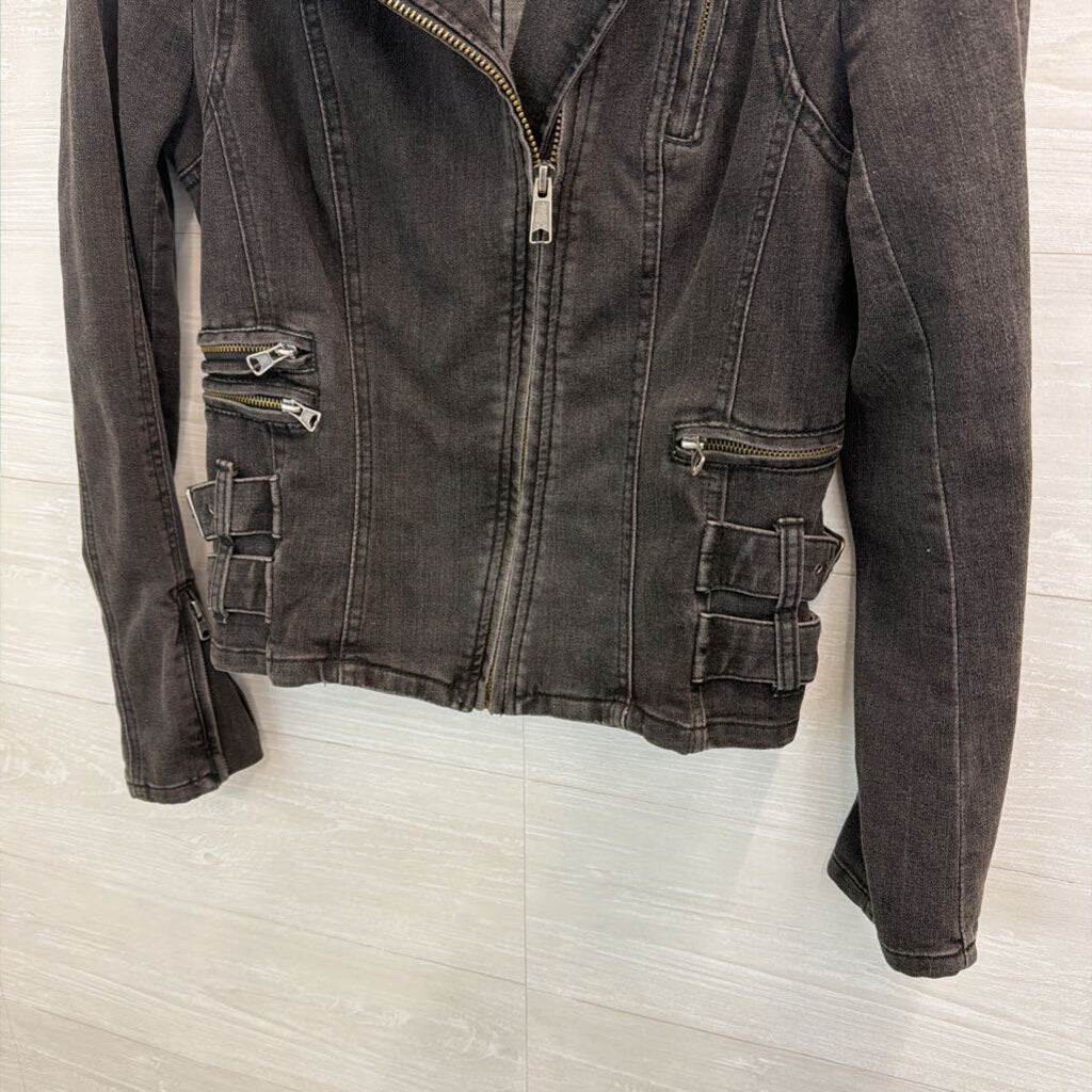 Free People Black Denim Bucket Detail Moto Jacket 4