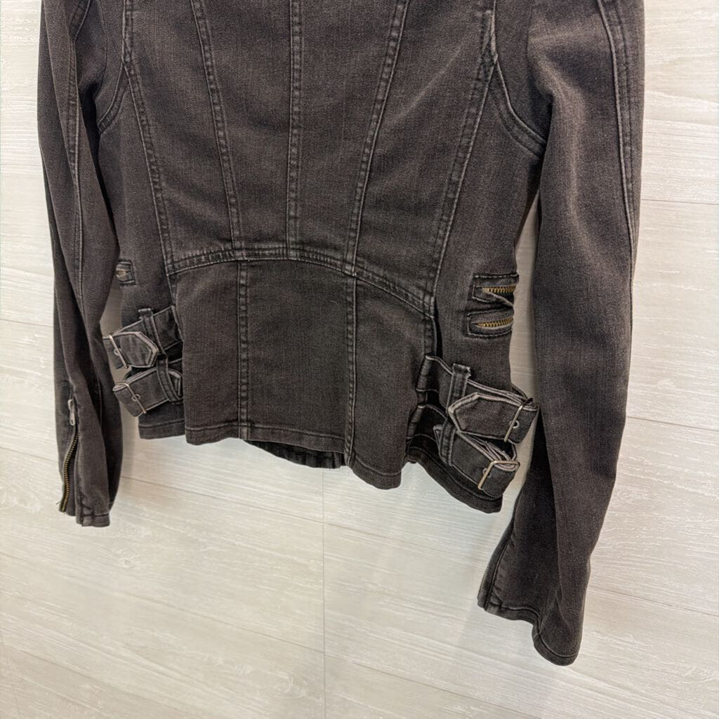 Free People Black Denim Bucket Detail Moto Jacket 4