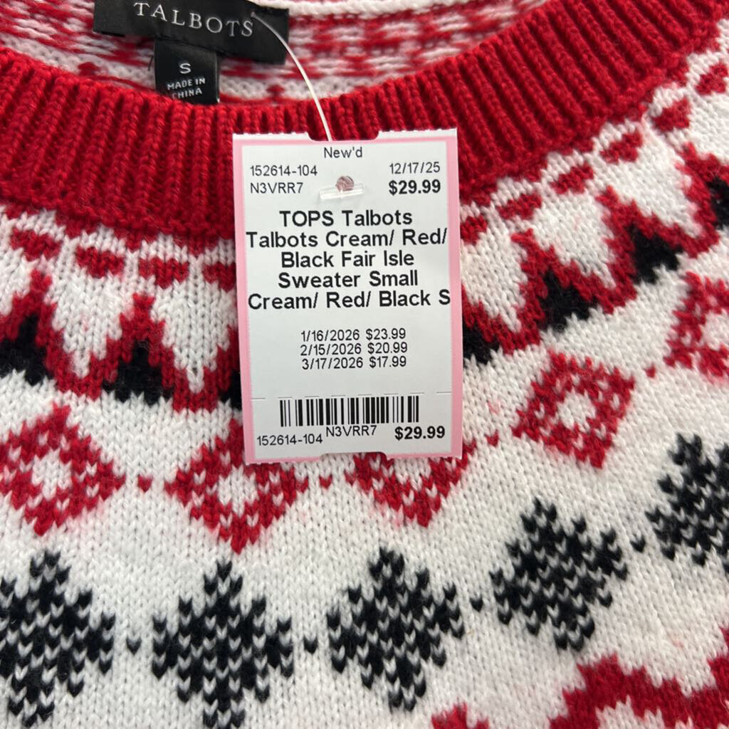 Talbots Cream/ Red/ Black Fair Isle Sweater Small