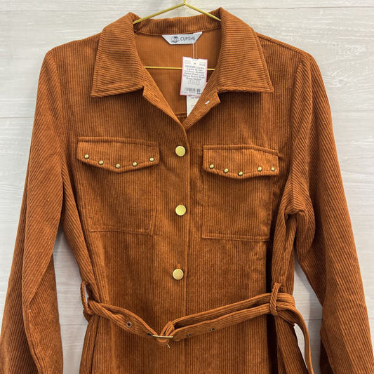 Cupshe Brown Corduroy Studded Belted Waist Long Sleeve Button Down Dress Medium