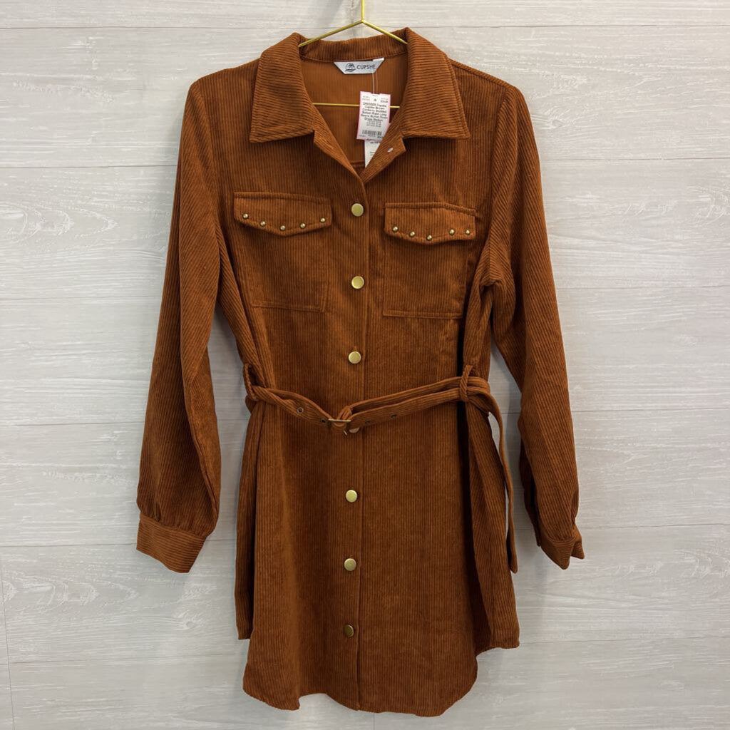 Cupshe Brown Corduroy Studded Belted Waist Long Sleeve Button Down Dress Medium