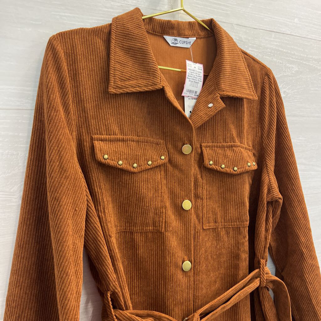 Cupshe Brown Corduroy Studded Belted Waist Long Sleeve Button Down Dress Medium