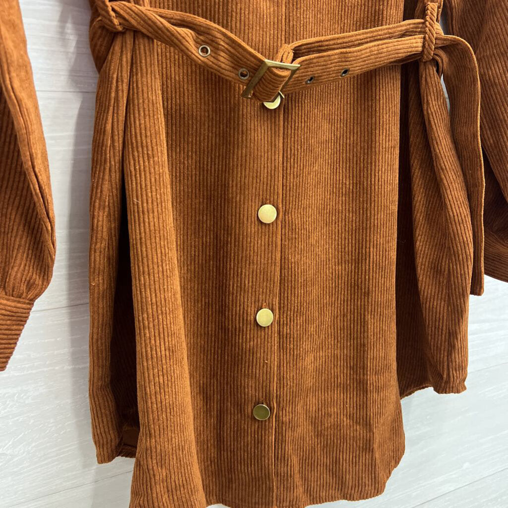 Cupshe Brown Corduroy Studded Belted Waist Long Sleeve Button Down Dress Medium
