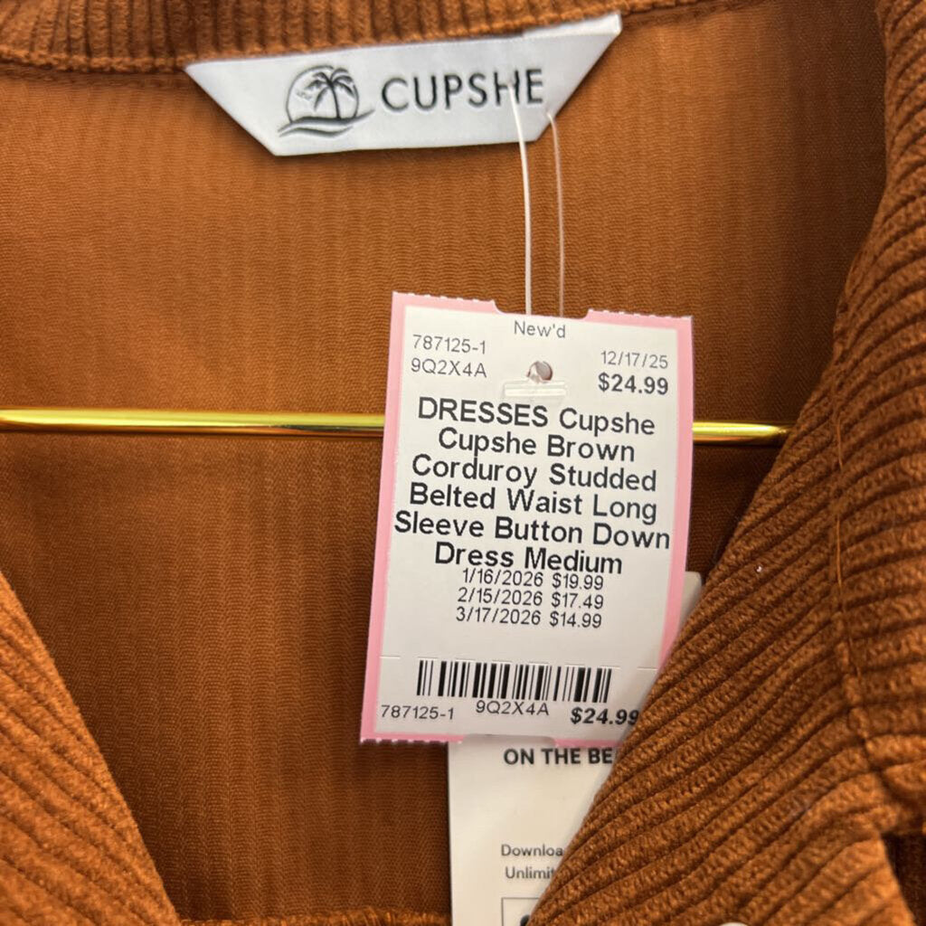 Cupshe Brown Corduroy Studded Belted Waist Long Sleeve Button Down Dress Medium