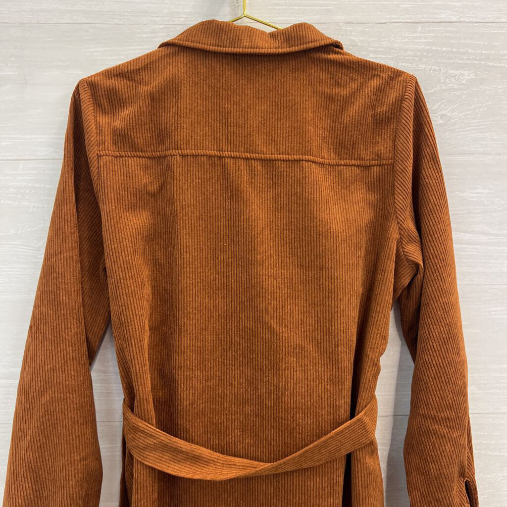 Cupshe Brown Corduroy Studded Belted Waist Long Sleeve Button Down Dress Medium