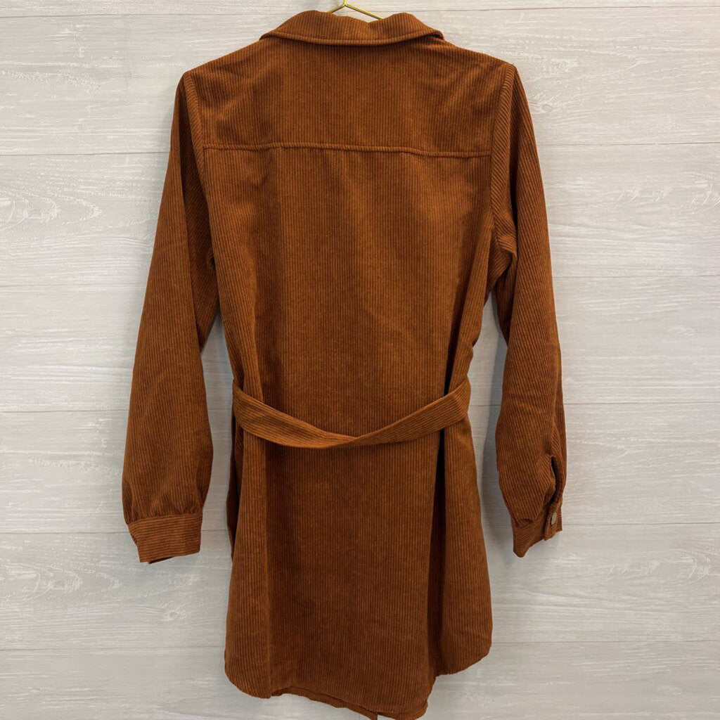 Cupshe Brown Corduroy Studded Belted Waist Long Sleeve Button Down Dress Medium