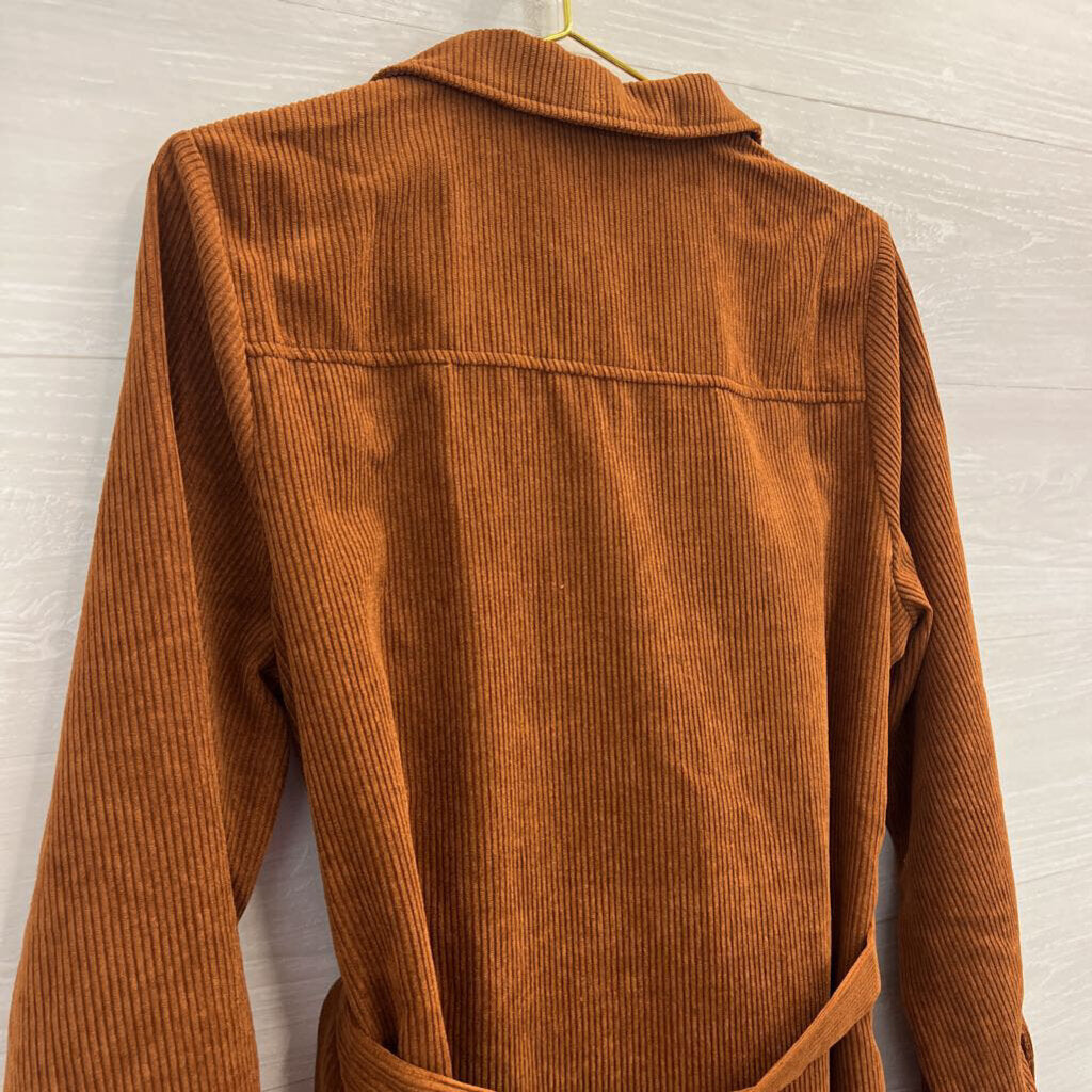 Cupshe Brown Corduroy Studded Belted Waist Long Sleeve Button Down Dress Medium