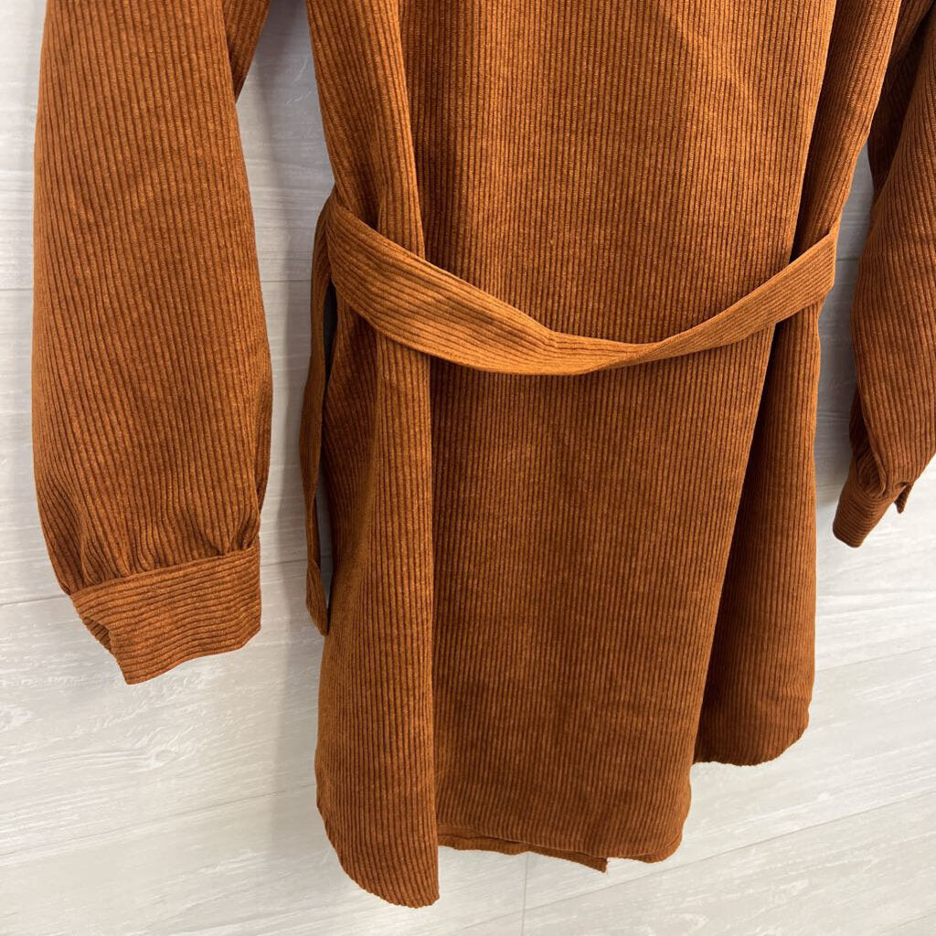 Cupshe Brown Corduroy Studded Belted Waist Long Sleeve Button Down Dress Medium