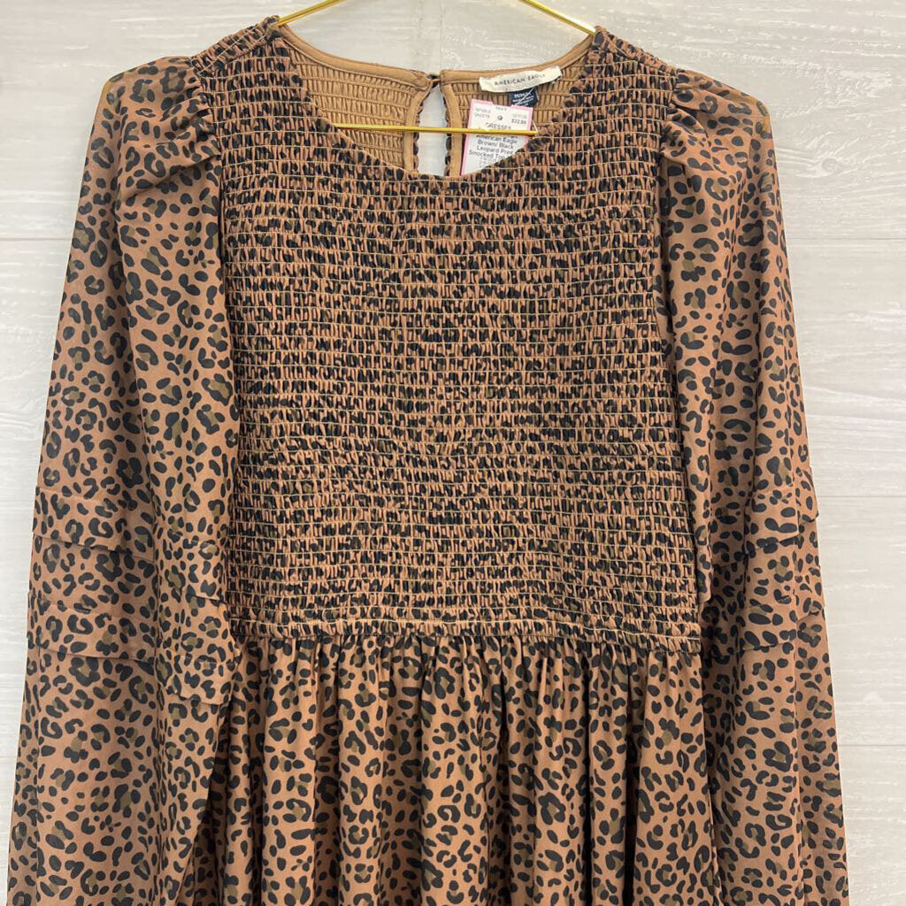 American Eagle Brown/ Black Leopard Print Smocked Top Long Sleeve Dress Medium
