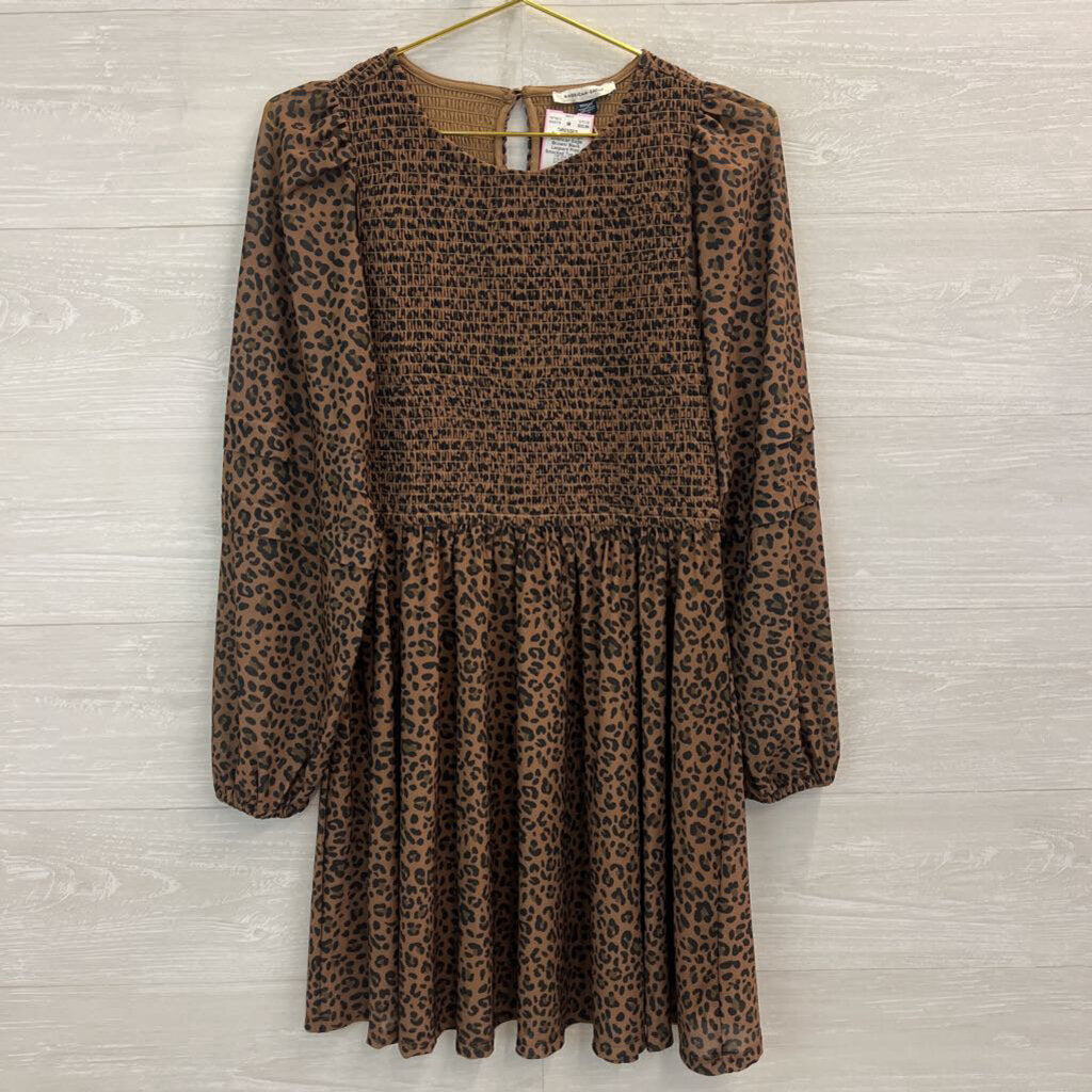American Eagle Brown/ Black Leopard Print Smocked Top Long Sleeve Dress Medium