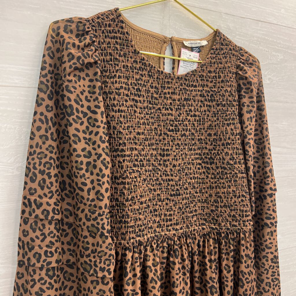 American Eagle Brown/ Black Leopard Print Smocked Top Long Sleeve Dress Medium