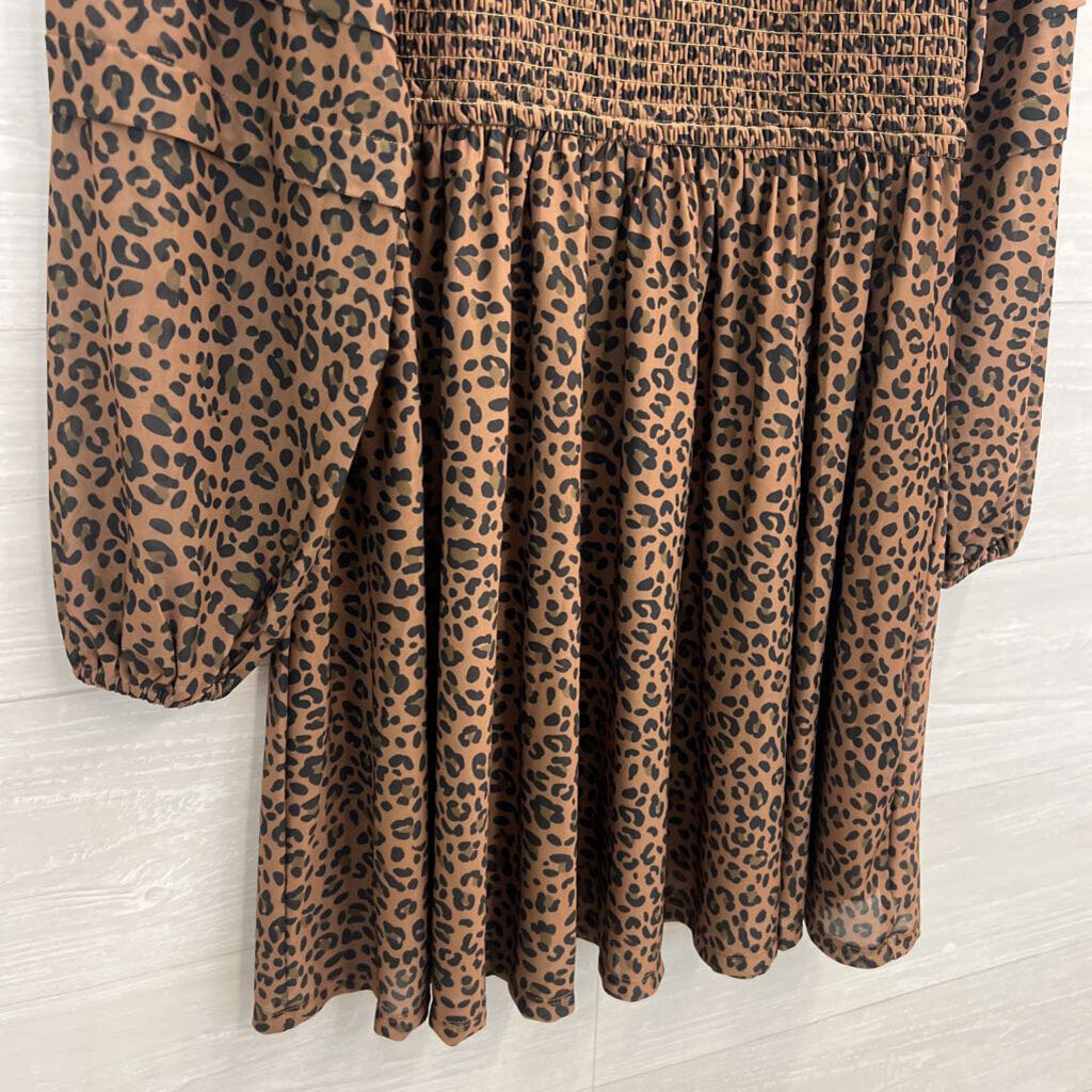 American Eagle Brown/ Black Leopard Print Smocked Top Long Sleeve Dress Medium